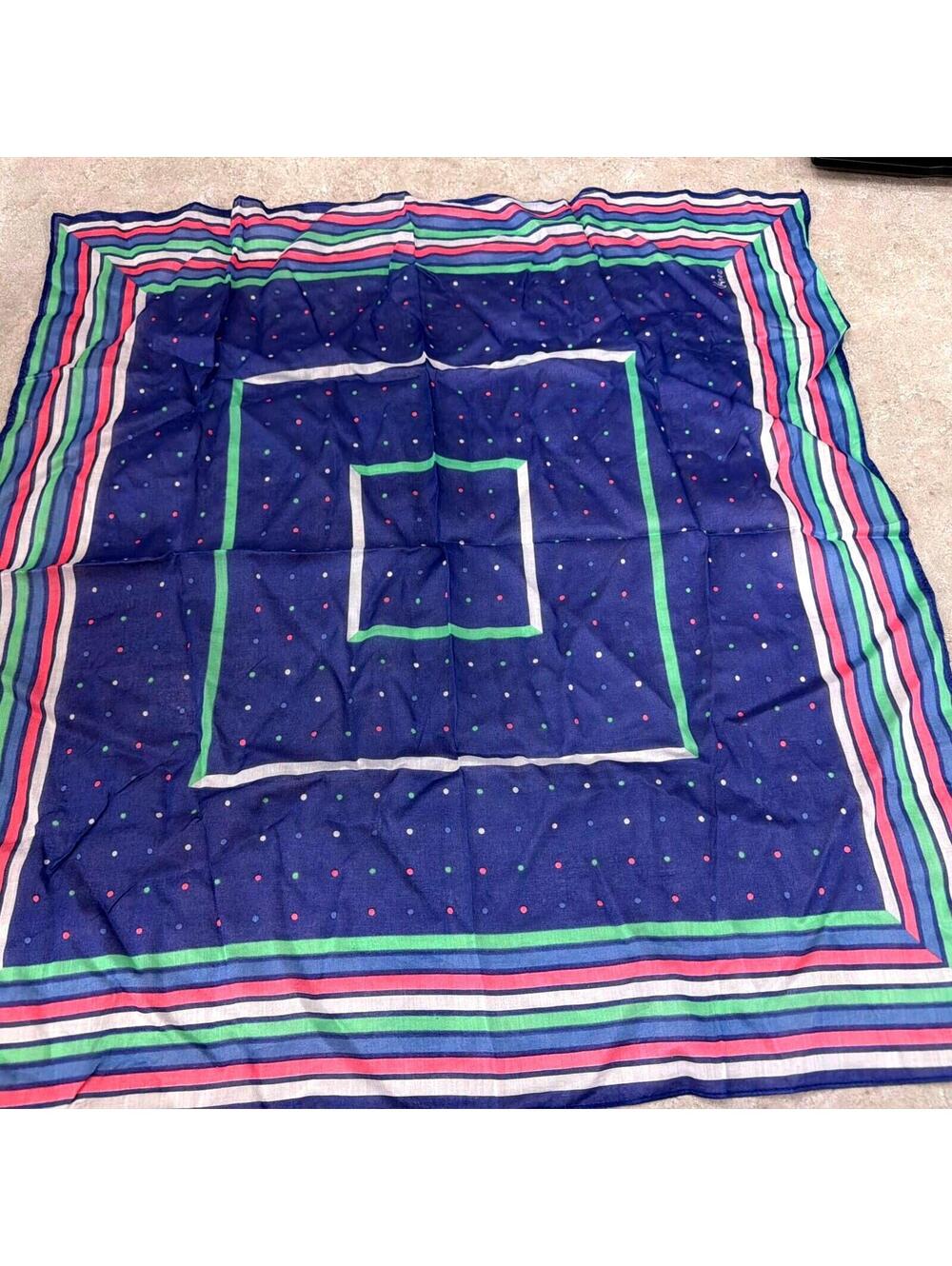 Vtg Scarf Pastel Rainbow Vera Neumann Cotton Polka Dot & Stripe 24” Colorful